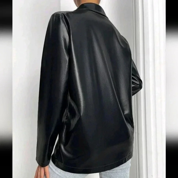 Lapel Collar Single Button PU Leather Blazer - Picture 2 of 6